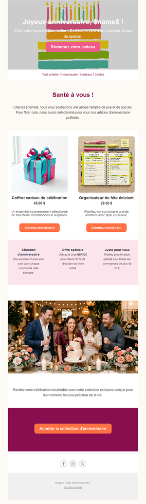 Email de sélection de produits d'anniversaire