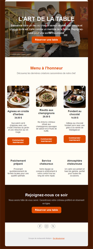 Email de menu à la une de restaurant